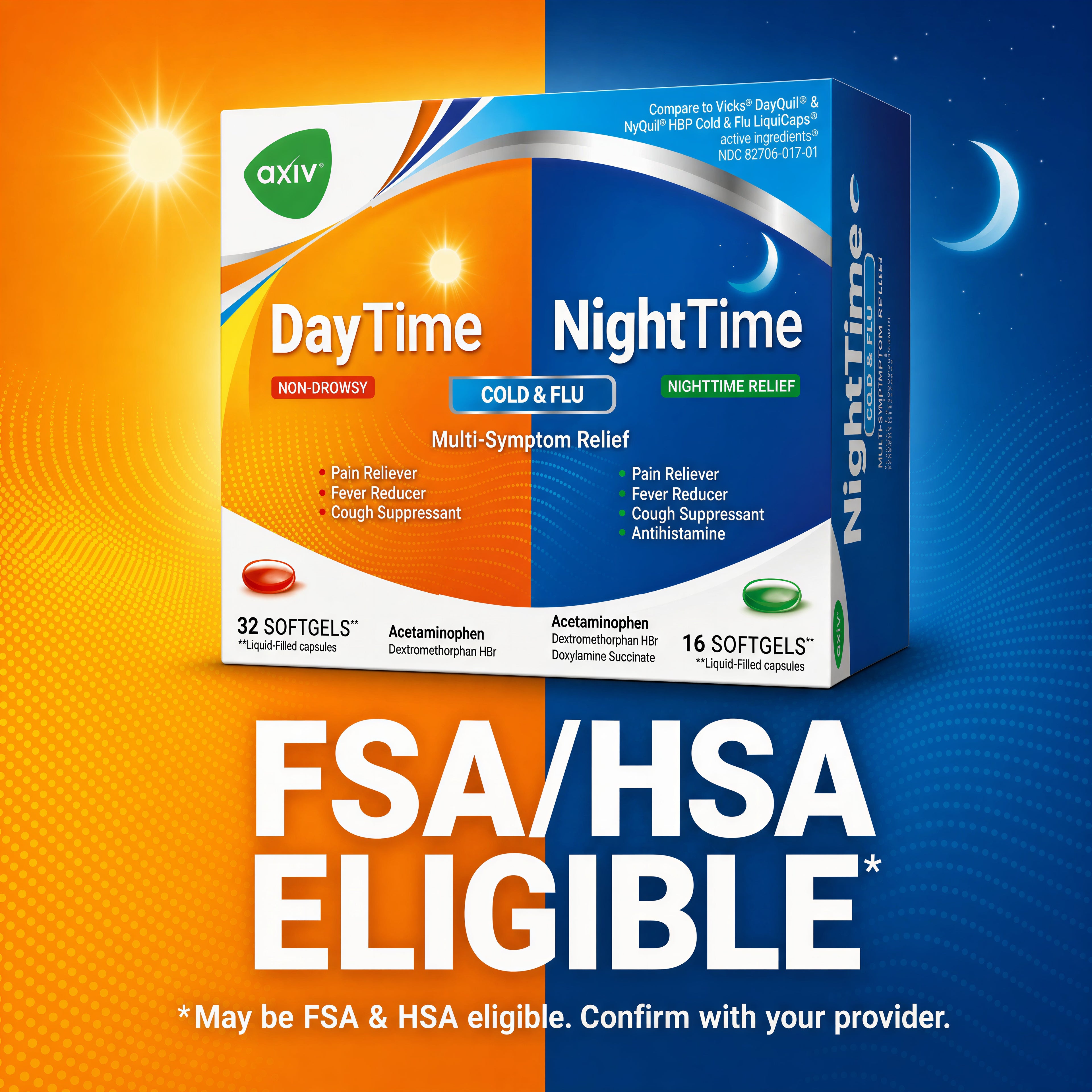 AXIV Day & Night Cold & Flu Medicine Combo Pack Softgels, Daytime & Nighttime