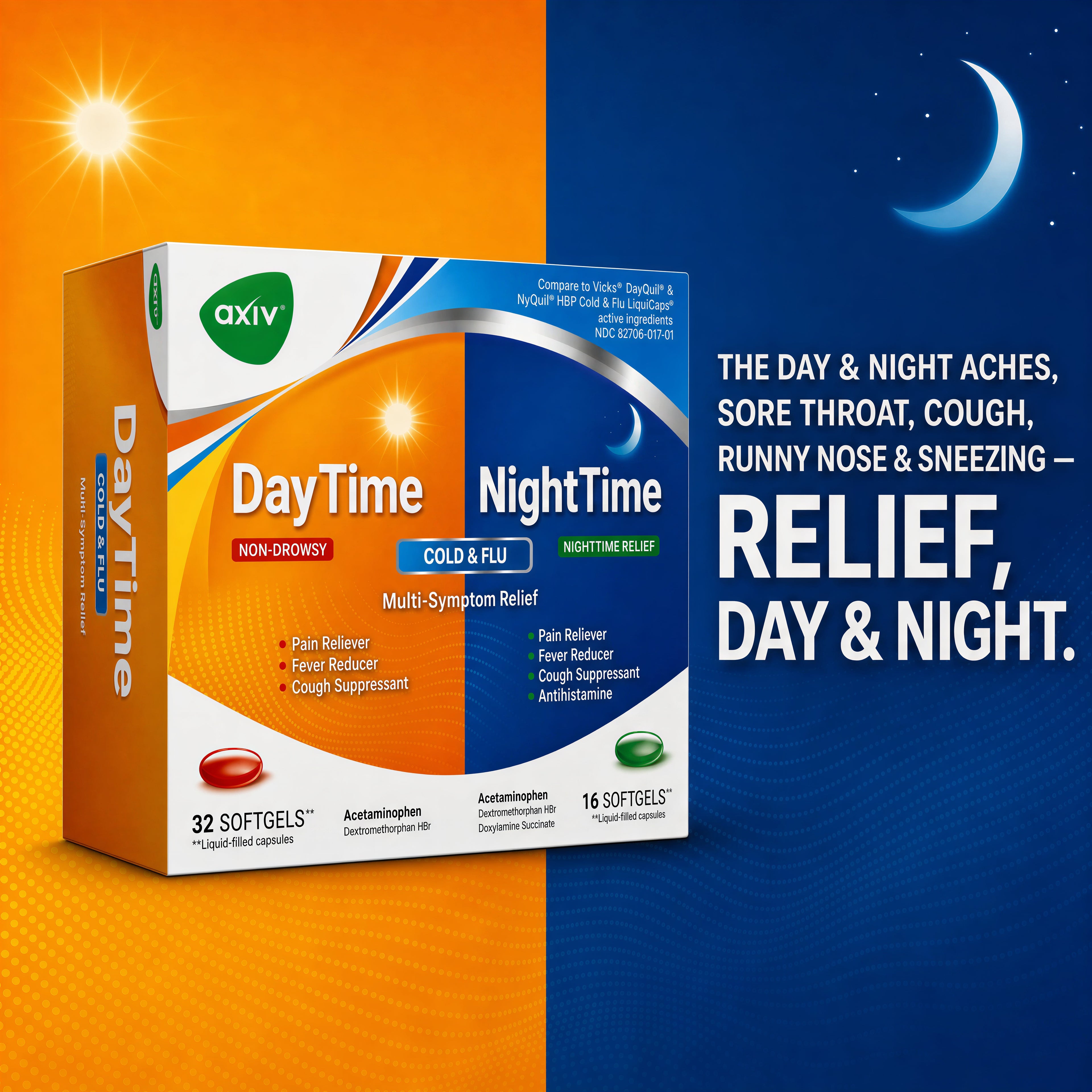 AXIV Day & Night Cold & Flu Medicine Combo Pack Softgels, Daytime & Nighttime