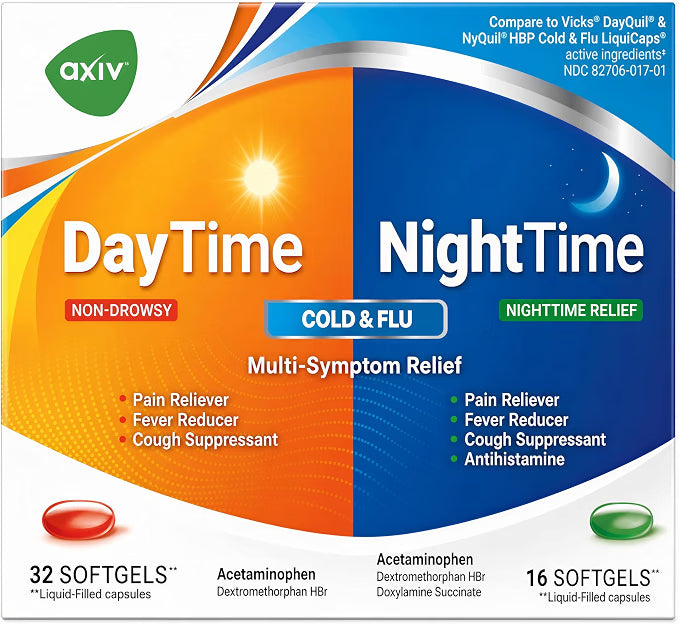 AXIV Day & Night Cold & Flu Medicine Combo Pack Softgels, Daytime & Nighttime
