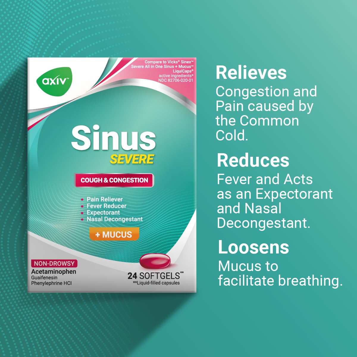 AXIV® Sinus Severe + Mucus 24 Softgels - Pack of 2 (48 Softgels Total)