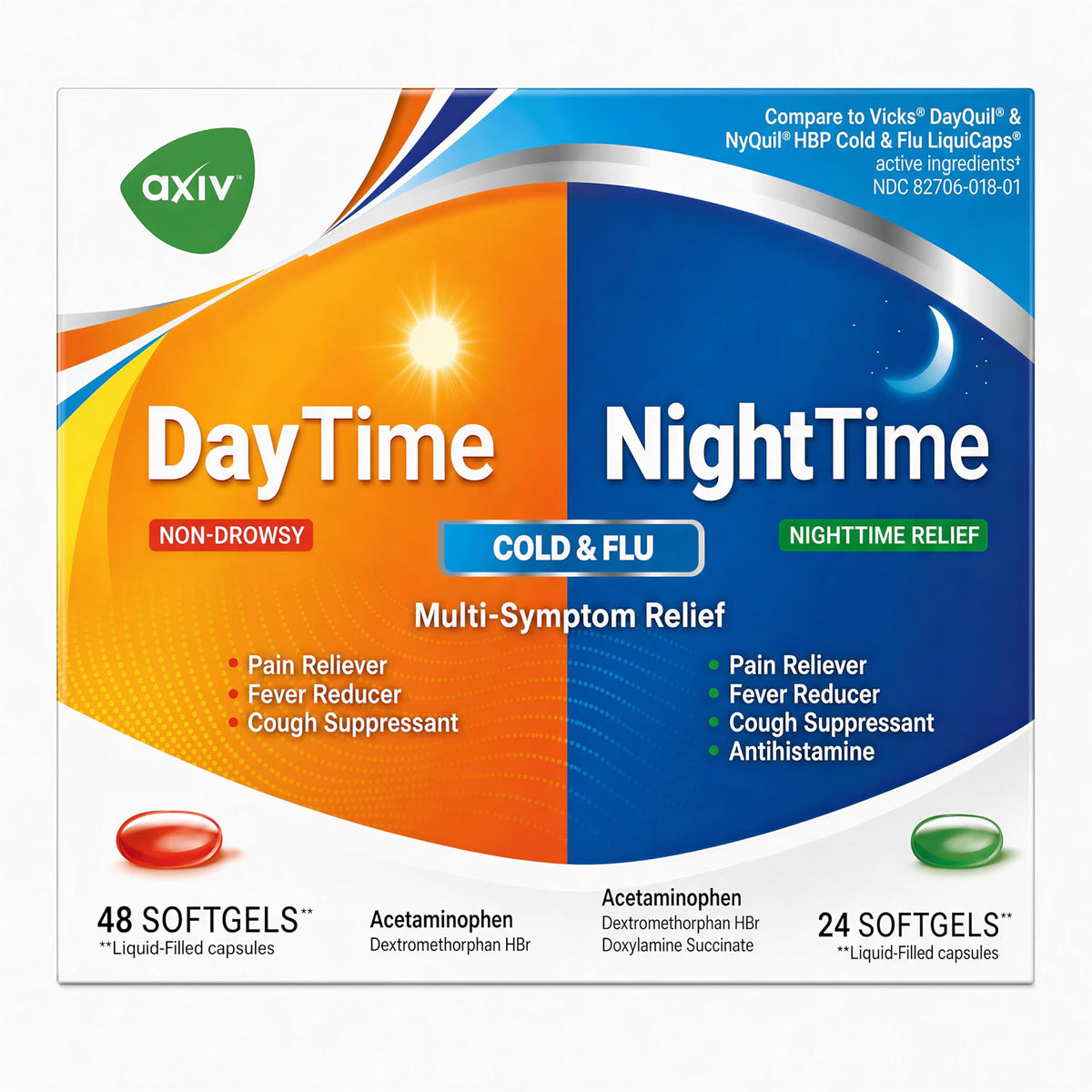 AXIV Day & Night Cold & Flu Medicine Combo Pack Softgels, Daytime & Nighttime