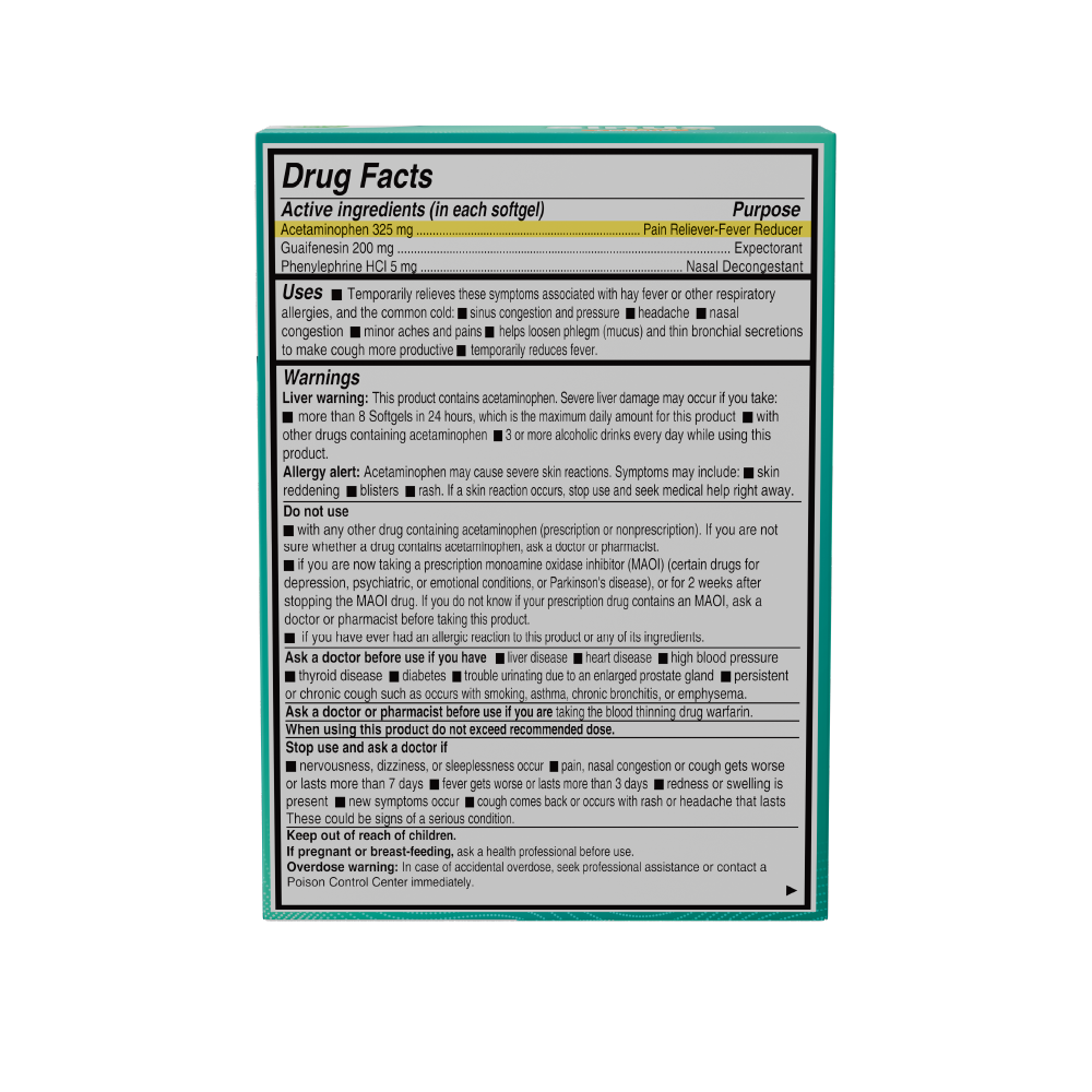 AXIV Sinus Severe + mucus 24 Softgels Drug Facts